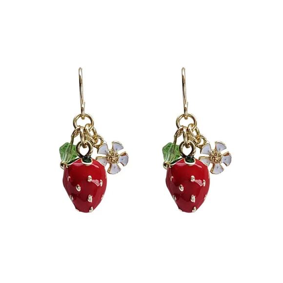 Sweet  Strawberry Fruit Alloy Stoving Varnish Glass Earrings & Necklace Set NWT - Picture 6 of 10